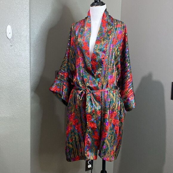 Victorias Secret Vintage Gold Label Satin Semi Sheer Robe Floral - Picture 10 of 10